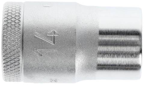 Une douille en métal argenté avec un bord cannelé et la taille gravée '1/4', utilisée pour des applications de vissage.