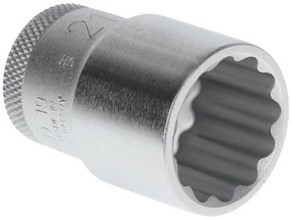 Clé à douille métallique avec surface extérieure circulaire striée, de taille 27. Fréquemment utilisée pour les travaux sur les véhicules et les machines.