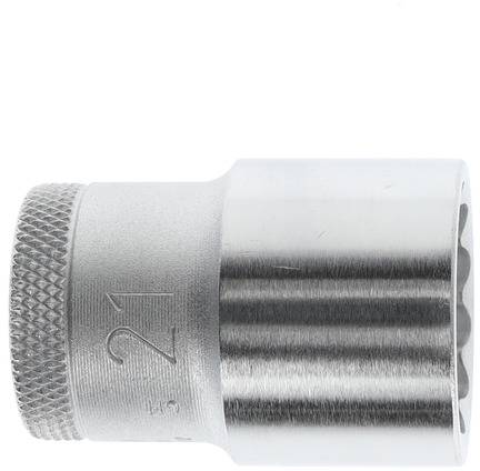 Douille hexagonale métallique de 21 mm, avec poignée cannelée pour une meilleure prise en main. Idéale pour les réparations automobiles et mécaniques.