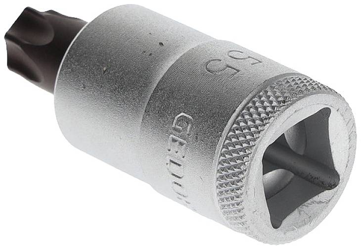 Embout de tournevis argenté avec taille de tête Torx T55, marqué 'GEDORE'. Utilisé pour desserrer les vis Torx.