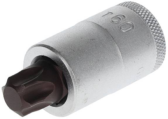 Embout Torx métallique, taille T60, cylindrique avec poignée striée pour une meilleure prise en main.