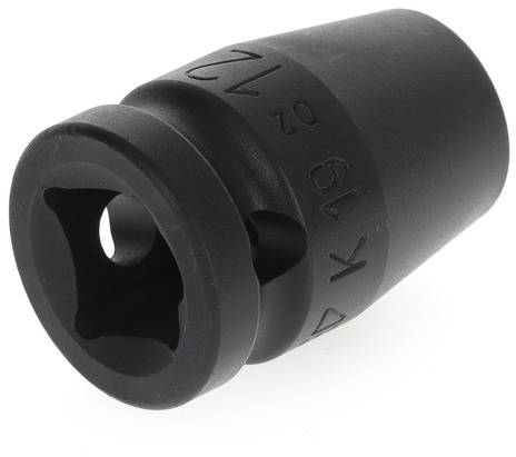 Écrou hexagonal noir en métal, marqué latéralement '19K72', destiné à être utilisé avec des clés à douille.