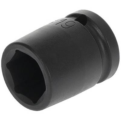 Écrou hexagonal noir en métal de 19 mm, utilisé dans les outils pour desserrer ou serrer des vis ou des boulons.
