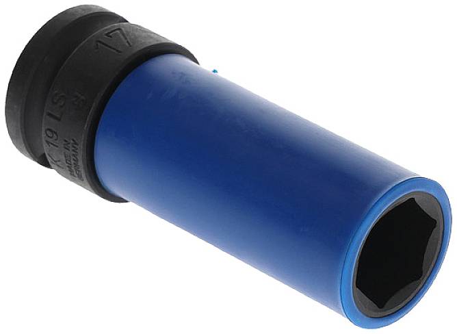 Une noix de poussée bleue avec un capuchon en caoutchouc noir et le numéro '17' imprimé dessus.