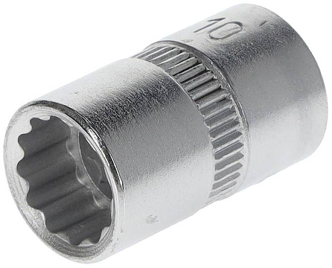 Clé à douille à entraînement dodécagonal de 10 mm en métal. Utilisée pour desserrer ou fixer des vis et des écrous.