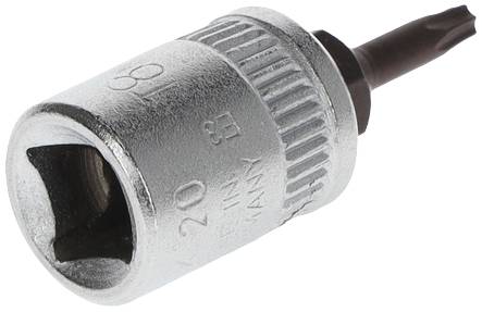 Clé hexagonale striée en métal, couleur argent, marquée '8 3/20', adaptée pour une utilisation avec des douilles ou comme clé de 9 mm.