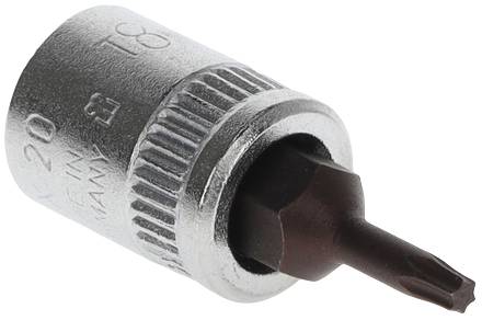 Embout à bits Torx T20, finition métallique brillante, compatible avec des clés à cliquet ou des tournevis.
