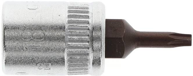 Embout Torx avec manchon métallique, vue rapprochée de côté. Tête en forme de T et poignée cannelée pour une meilleure prise en main.