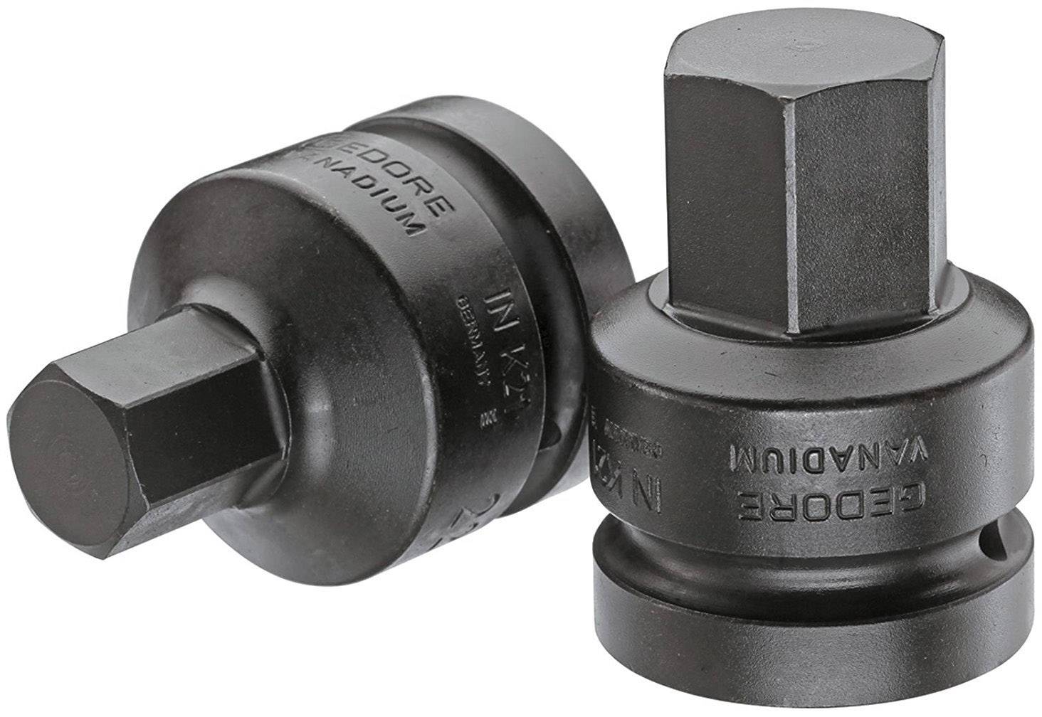 Deux embouts hexagonaux noirs en acier vanadié pour utilisation mécanique, avec marquage du fabricant gravé sur le côté.