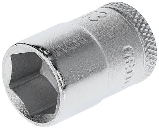 Un adaptateur de clé à cliquet en argent avec une ouverture hexagonale. Le chiffre '13' est gravé sur le côté.