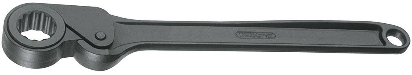 Clé à molette noire avec extrémité ronde et dentée ; adaptée pour tourner des vis ou des écrous.