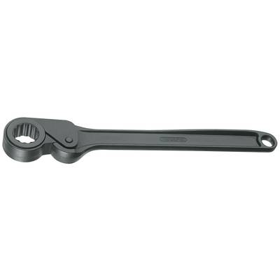Clé dynamométrique noire à long manche et ouverture crantée. Adaptée pour serrer ou desserrer des connexions vissées.