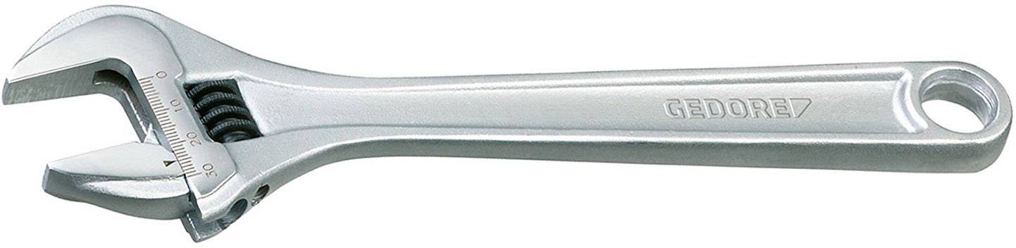 Clé à molette ajustable en métal, de couleur argent, avec un trou à l'extrémité de la poignée pour la suspension. Marquage : 'GEDORE'.