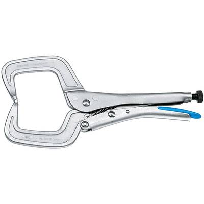 Pince de serrage en C métallique à portée réglable, adaptée pour maintenir des pièces en place pendant l'usinage.