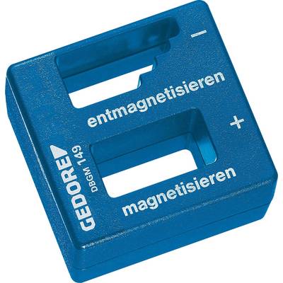 Appareil de magnétisation en bleu portant les inscriptions 'démagnétiser' et 'magnétiser'. Marque : Gedore. Forme rectangulaire avec deux ouvertures.