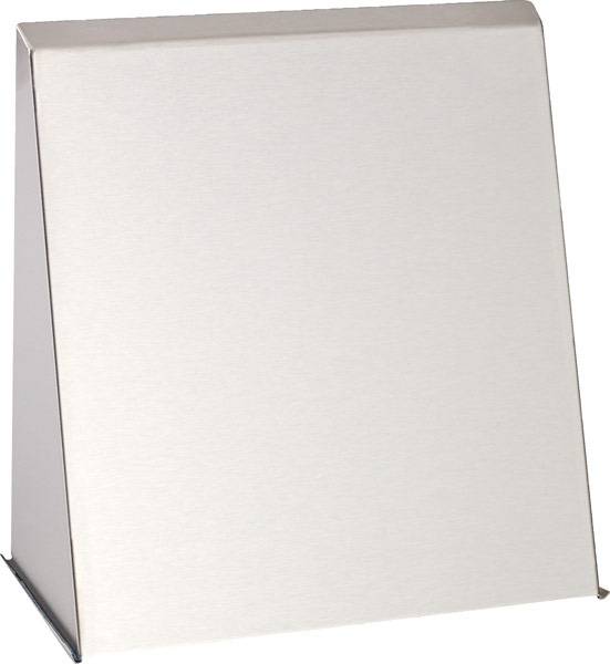 Un distributeur triangulaire en métal argenté, souvent utilisé pour les serviettes, sur un fond blanc.