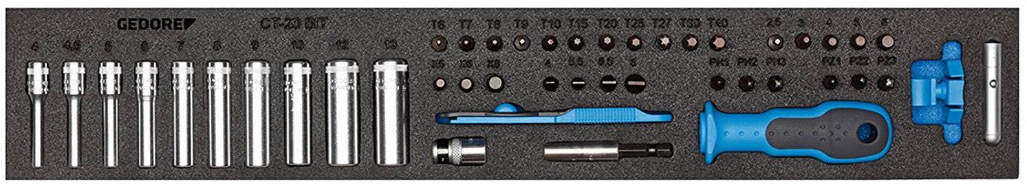 Un ensemble d'outils comprenant des clés à douille, des embouts et un manche de tournevis. Contient différentes tailles et formes pour des applications polyvalentes.