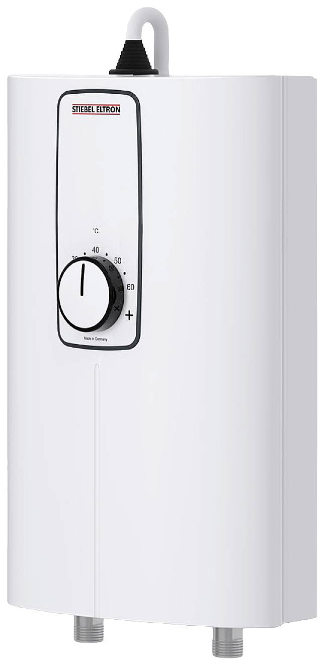 Un chauffe-eau électrique blanc, mural, avec régulateur de température et logo de marque.