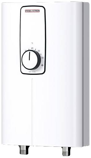 Un chauffe-eau électrique blanc avec régulateur de température et deux vannes de raccordement en bas. Logo de la marque en haut de la façade avant.