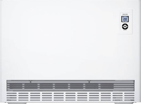 Un radiateur blanc avec un affichage numérique indiquant '20°C', avec des fentes d'aération en dessous.