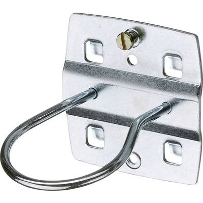 Support métallique avec deux trous pour la fixation murale et un étrier courbé permettant de fixer des objets de manière sécurisée.