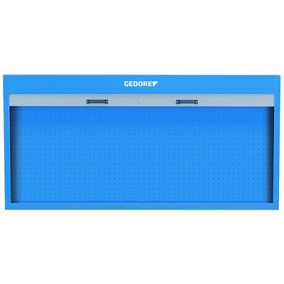 Mur métallique bleu de Gedore avec motif perforé pour la suspension d'outils.