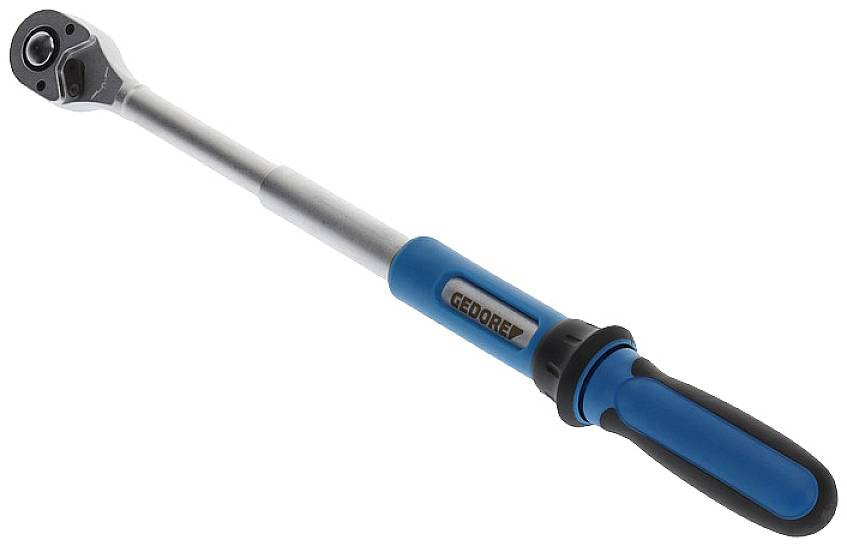 Une clé dynamométrique bleue avec une poignée noire, utilisée pour serrer des vis à un couple de serrage spécifique.