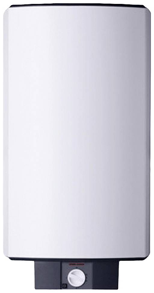Un chauffe-eau rectangulaire blanc avec un bouton noir à sa base pour le réglage de la température.