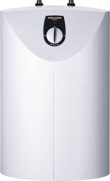 Un chauffe-eau blanc de la marque Stiebel Eltron avec un régulateur de température central à l'avant.