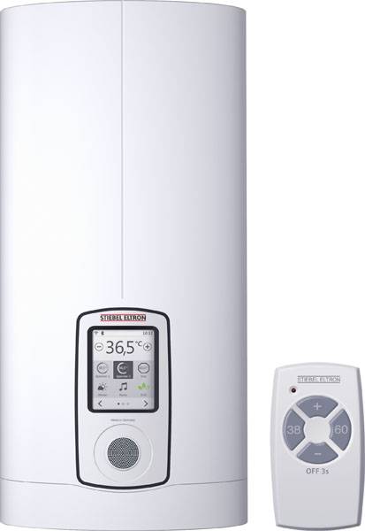 Un chauffe-eau avec un affichage numérique indique '36,5°C'. À côté se trouve une télécommande avec des touches pour le contrôle de la température et la mise en marche/arrêt.