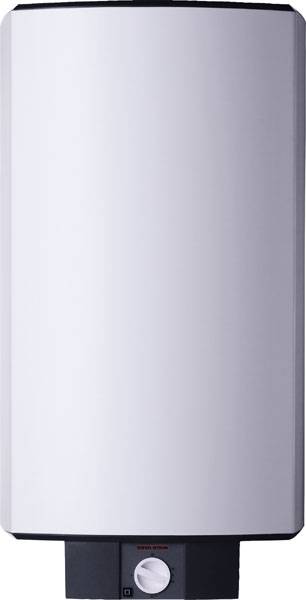 Un chauffe-eau blanc rectangulaire avec un panneau de commande noir et un bouton rotatif en bas.