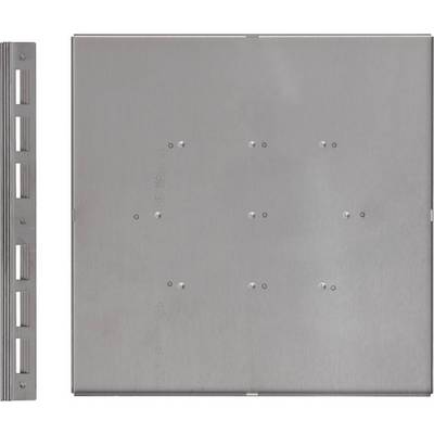 Plaque métallique au design carré, comportant plusieurs trous de perçage et un support latéral amovible.