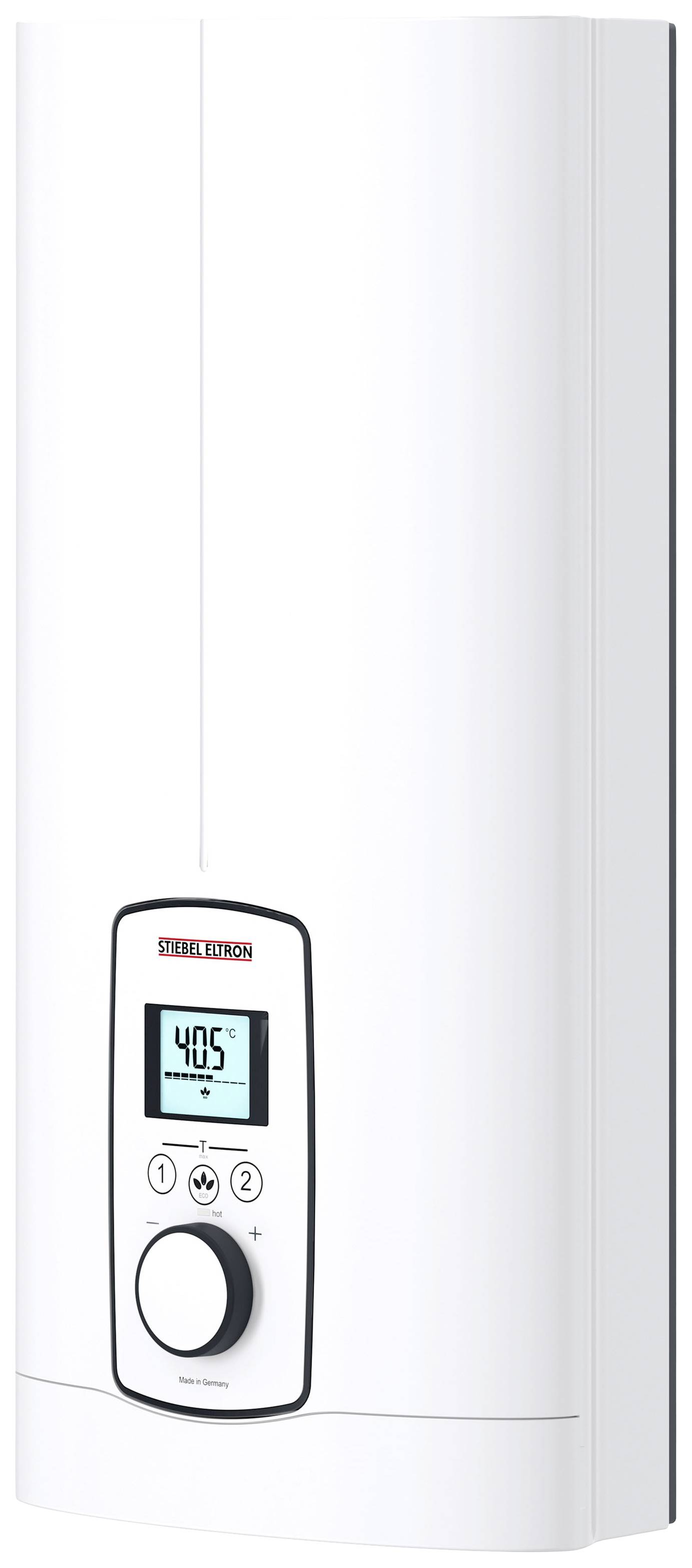 Un chauffe-eau électrique blanc, fixé au mur, avec un affichage numérique indiquant 40,5 degrés Celsius. Des boutons de commande pour le réglage de la température sont situés en dessous.