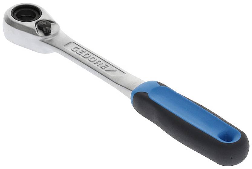 Une clé à molette en argent avec une poignée bleue antidérapante.