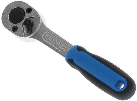 Une clé à cliquet avec une poignée bleue et un mécanisme de rotation noir, adaptée pour serrer et desserrer des vis ou des écrous.