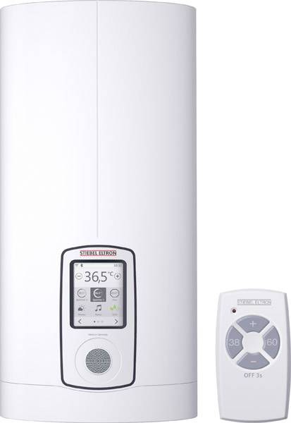 Un chauffe-eau moderne, blanc, doté d'un affichage numérique indiquant 36,5 degrés Celsius et d'une télécommande permettant un contrôle facile de la température.