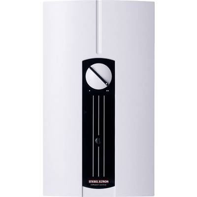 Chauffe-eau instantané blanc avec un panneau avant noir et un bouton de réglage.