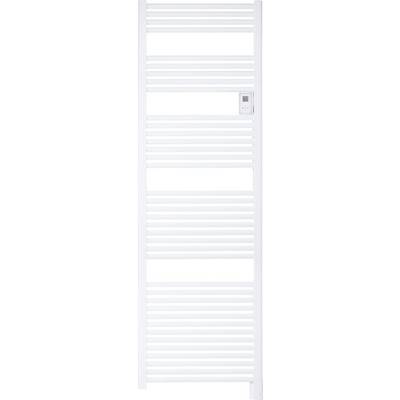 Un radiateur blanc à ailettes horizontales avec un petit écran digital sur le côté droit. Idéal pour les salles de bains.