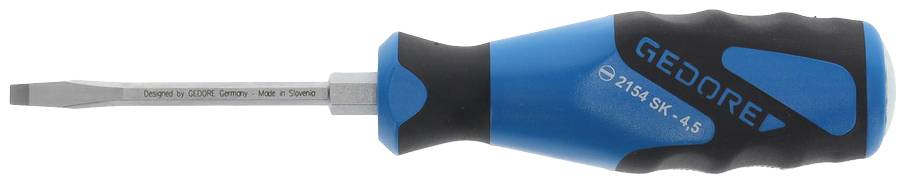 Un tournevis à tête plate bleu, avec un manche noir portant l'inscription 'GEDORE'. Adapté pour desserrer ou serrer des vis.