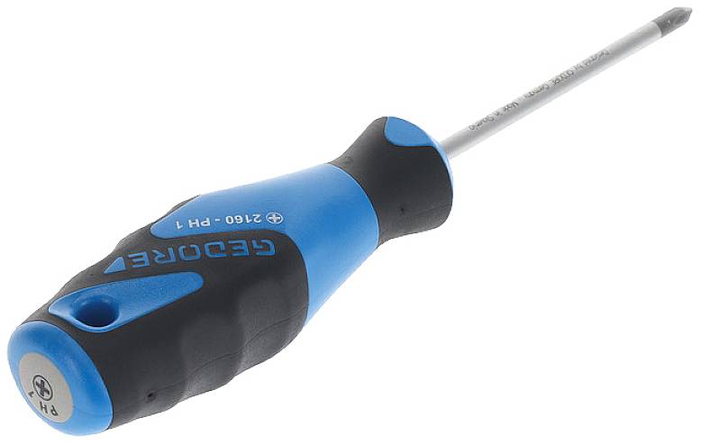Tournevis cruciforme avec manche ergonomique bleu et noir. Tige métallique longue et étroite, adapté à divers travaux de vissage.