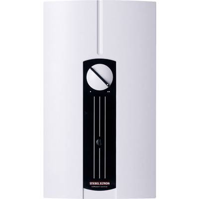 Un chauffe-eau instantané moderne, blanc, avec un panneau de commande noir au centre. Un bouton rotatif pour le réglage de la température est visible.