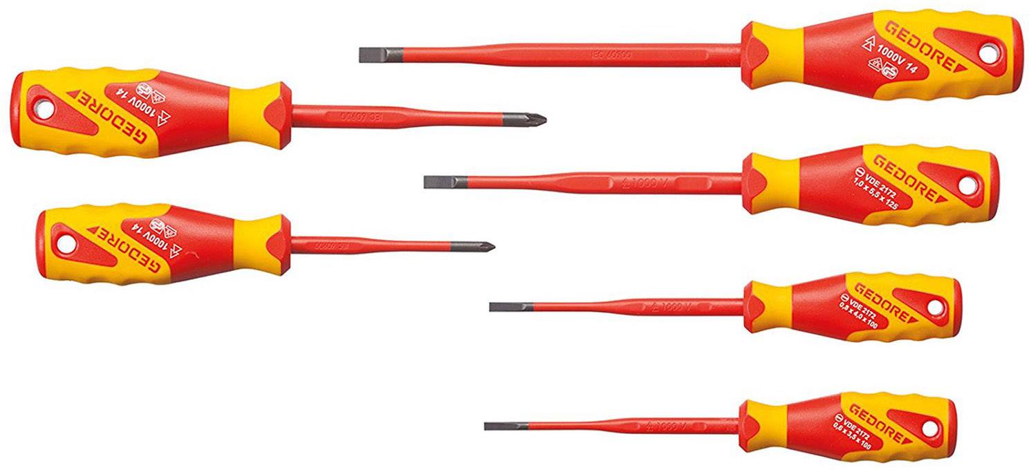 Six tournevis isolés, rouge et jaune, avec différentes formes et tailles de lames, pour des travaux en toute sécurité sur des appareils électriques.