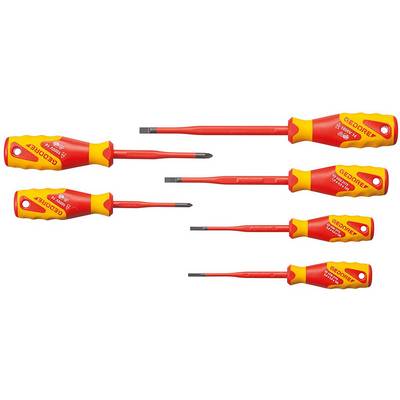 Six tournevis isolés, rouge et jaune, avec différentes formes et tailles de lames, pour des travaux en toute sécurité sur des appareils électriques.