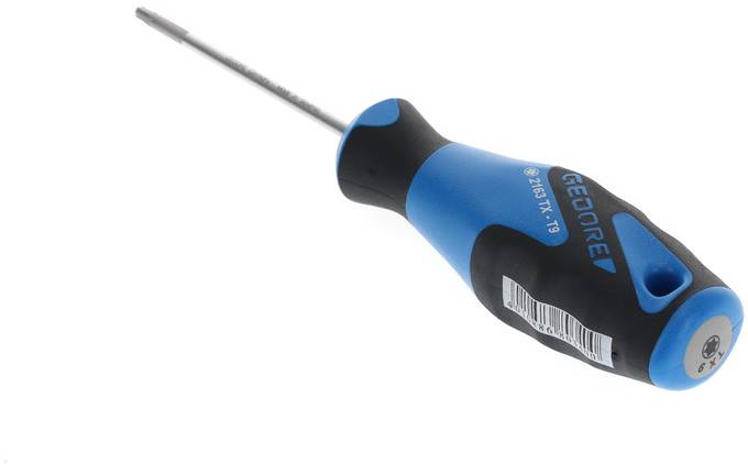 Tournevis à manche bleu-noir, tête Torx T15 et autocollant de code-barres sur le manche.