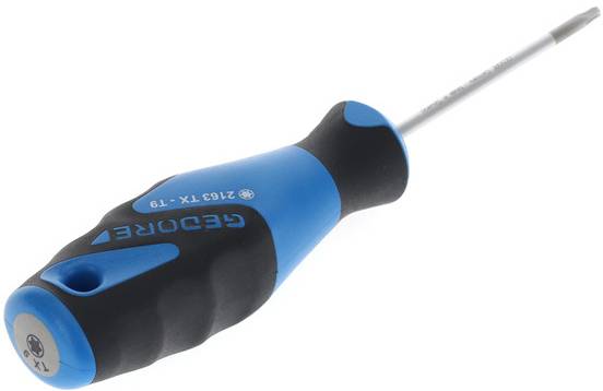 Un tournevis bleu et noir avec poignée ergonomique et embout T-Star, numéro de modèle 'GEDORE 2153 TX 1.9'.