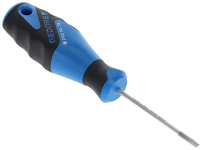 Tournevis cruciforme bleu à poignée ergonomique et pointe longue et étroite, adapté pour le vissage précis.