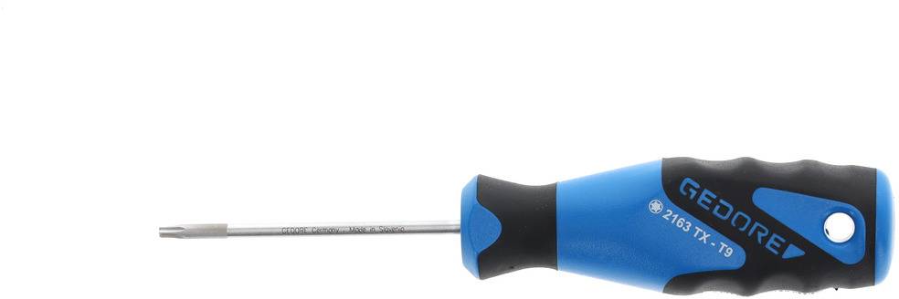 Tournevis à poignée bleu-noir et embout Torx, marqué 'GEDORE 2160 TX-T9', posé horizontalement sur un fond blanc.