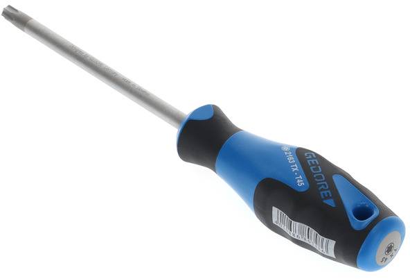 Tournevis bleu et noir avec poignée ergonomique et embout Torx.