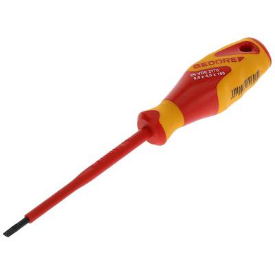 Un tournevis à fente rouge et jaune avec manche isolé, adapté aux travaux électriques. Nom de marque et numéro de modèle sur le manche.