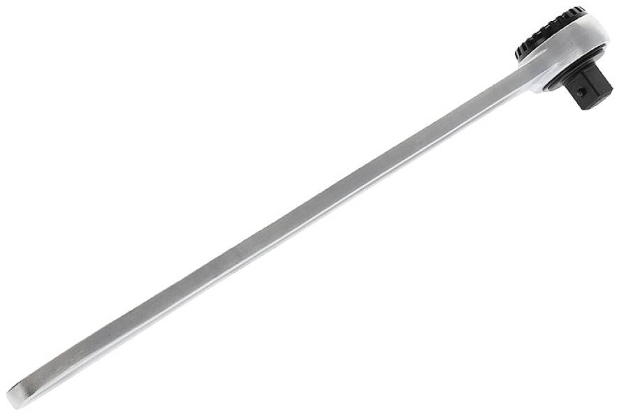 Une longue clé à cliquet avec molette de réglage noire à l'extrémité, adaptée au desserrage ou au serrage de vis dans des zones difficiles d'accès.